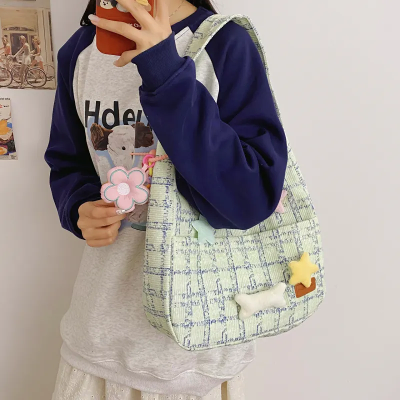 BUBM Fleece Shoulder Bag Unisex Green/Blue/Pink-5