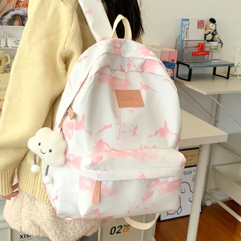 BUBM Composite Cloth Backpack Women's Gray Pink/Red Green-10