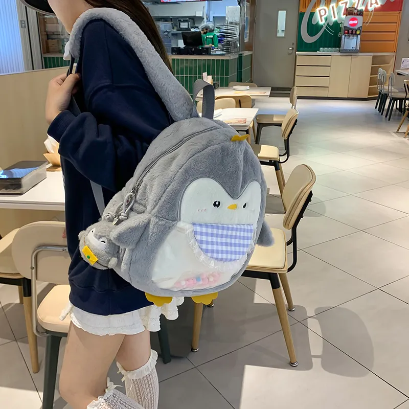 BUBM Plush Backpack Women's Light Gray/Dark Gray/Pink-10