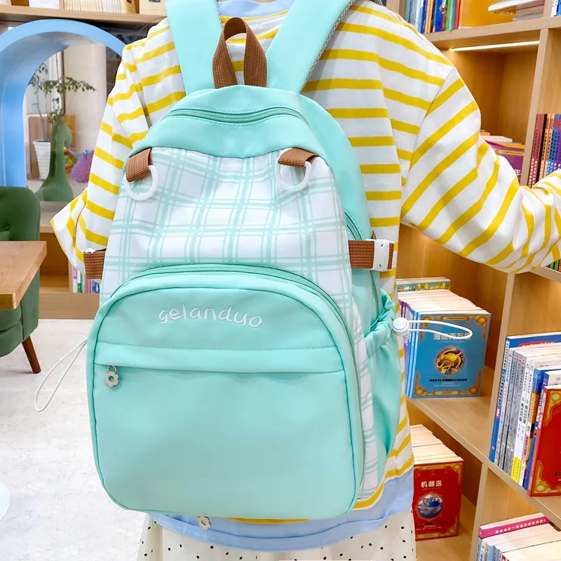 BUBM Nylon Backpack Unisex Green/Sky Blue/Pink-1