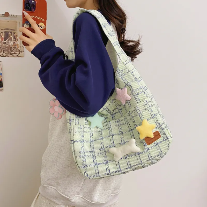 BUBM Fleece Shoulder Bag Unisex Green/Blue/Pink-4