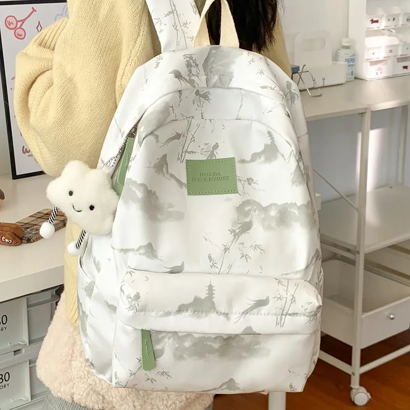 BUBM Composite Cloth Backpack Women's Gray Pink/Red Green-22