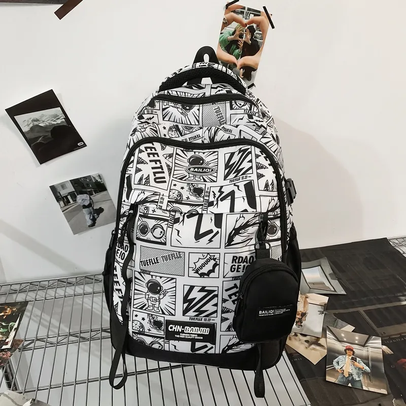 BUBM Nylon Backpack Unisex Black/White/Green-3