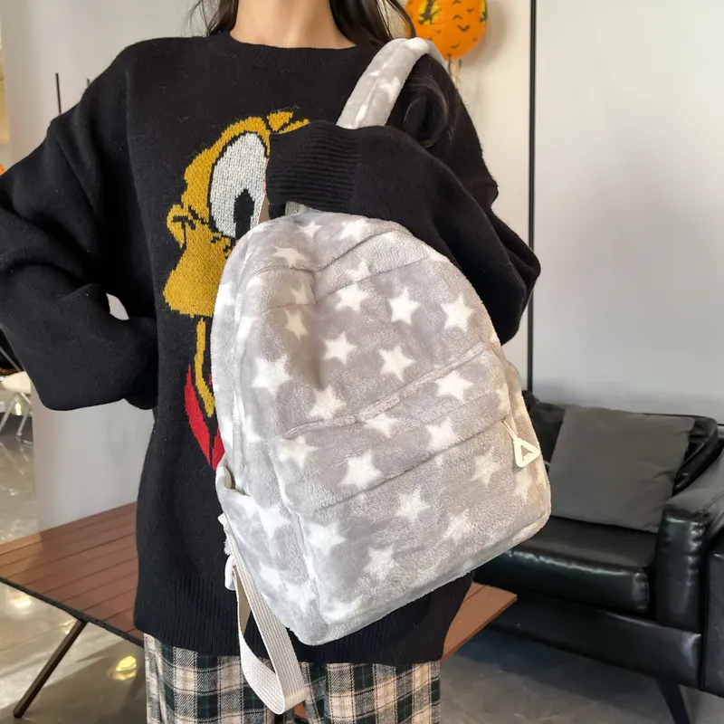 BUBM Plush Backpack Unisex Blue/Coffee/Gray-16