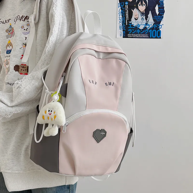 BUBM Nylon Backpack Unisex Khaki/Blue/Pink-2
