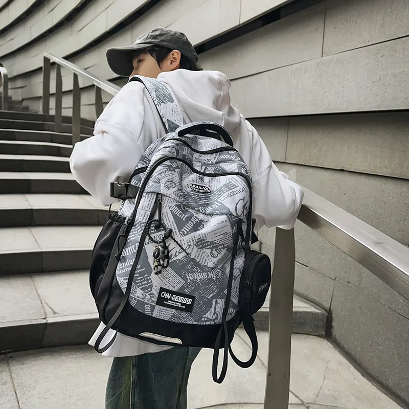 BUBM Nylon Backpack Unisex Black/White/Green-8