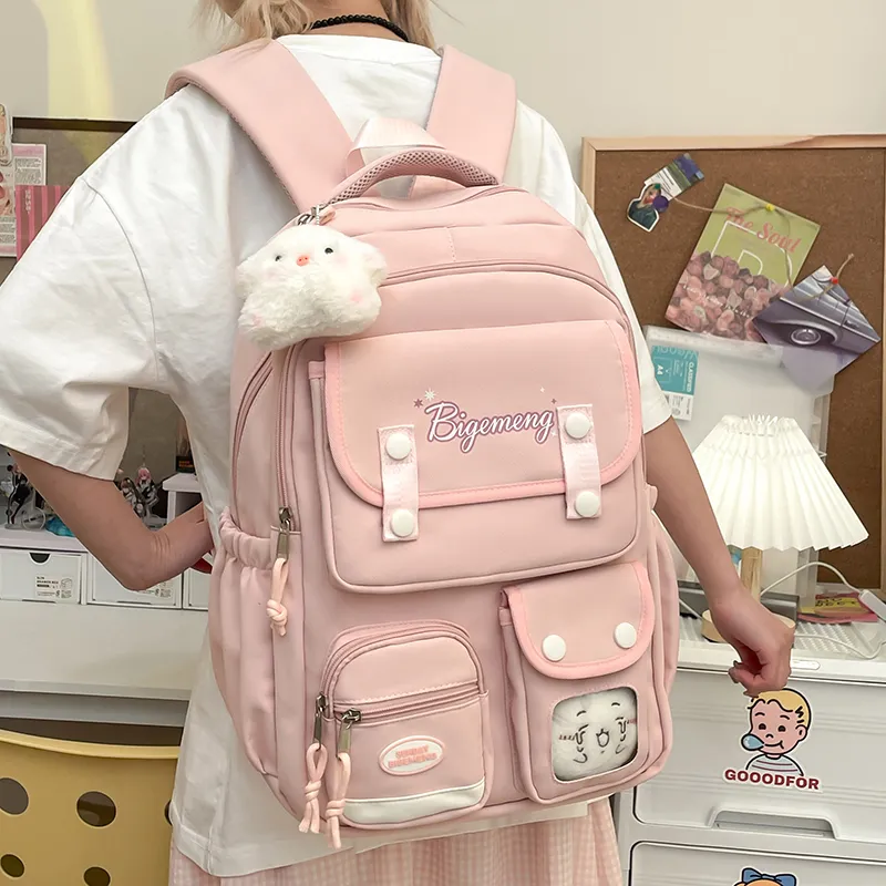 BUBM Nylon Fabric Backpack Unisex Ecru/Black/Light Pink/Light Blue-5