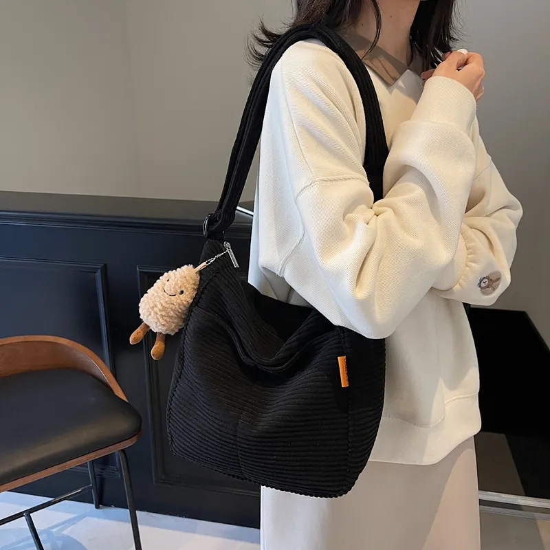 BUBM Corduroy Shoulder Bag Women's Black/White/Coffee-5