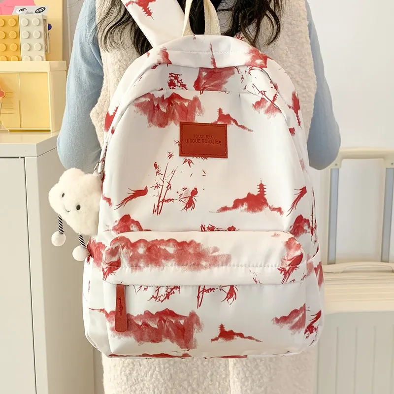 BUBM Composite Cloth Backpack Women's Gray Pink/Red Green-14