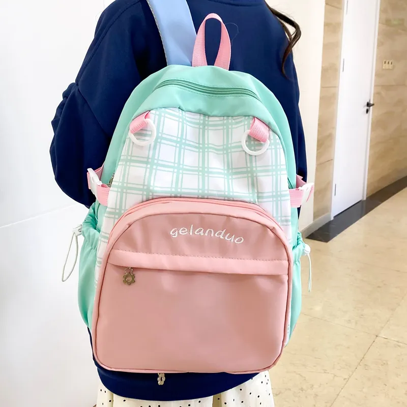 BUBM Nylon Backpack Unisex Green/Sky Blue/Pink-15