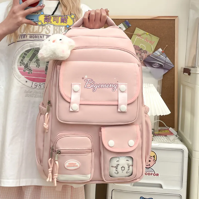 BUBM Nylon Fabric Backpack Unisex Ecru/Black/Light Pink/Light Blue-1