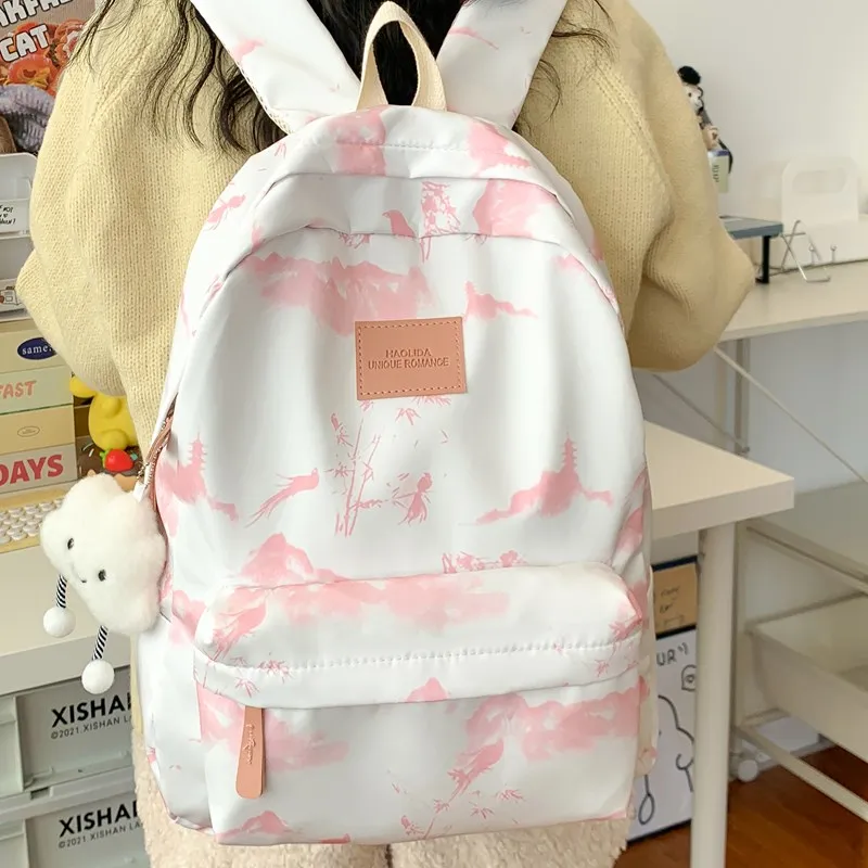 BUBM Composite Cloth Backpack Women's Gray Pink/Red Green-8