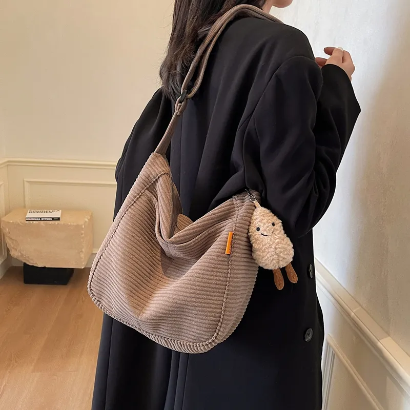 BUBM Corduroy Shoulder Bag Women's Black/White/Coffee-16