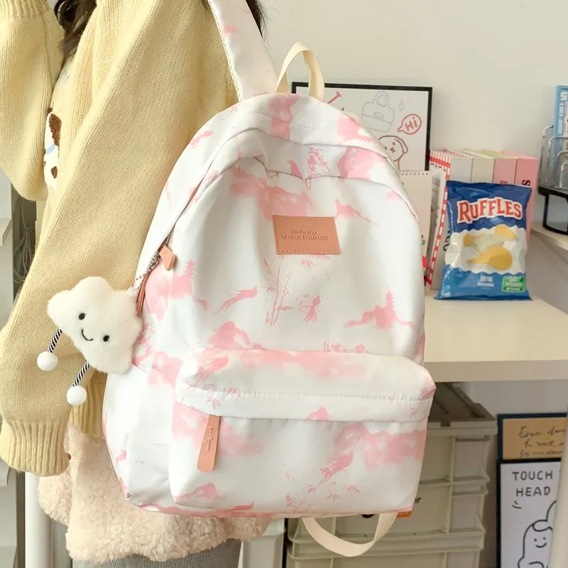 BUBM Composite Cloth Backpack Women's Gray Pink/Red Green-11