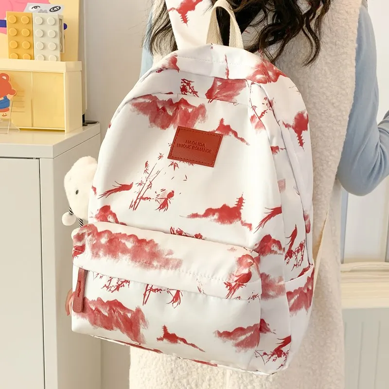 BUBM Composite Cloth Backpack Women's Gray Pink/Red Green-15