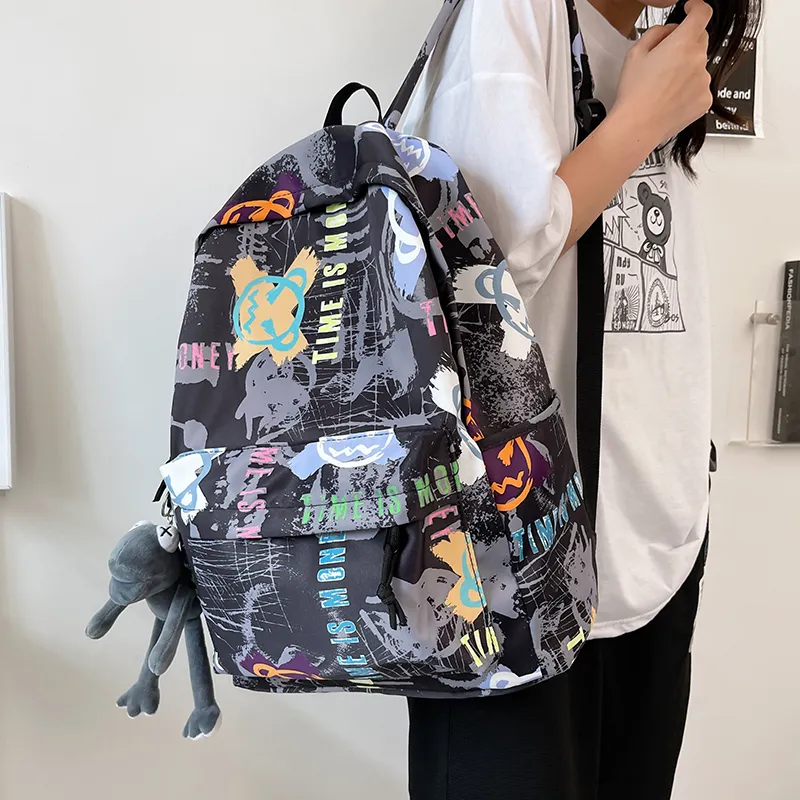 BUBM Nylon Backpack Unisex Black/White/Blue-11