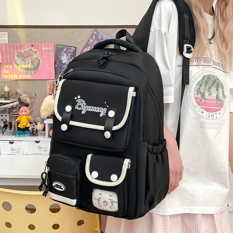 BUBM Nylon Fabric Backpack Unisex Ecru/Black/Light Pink/Light Blue-15