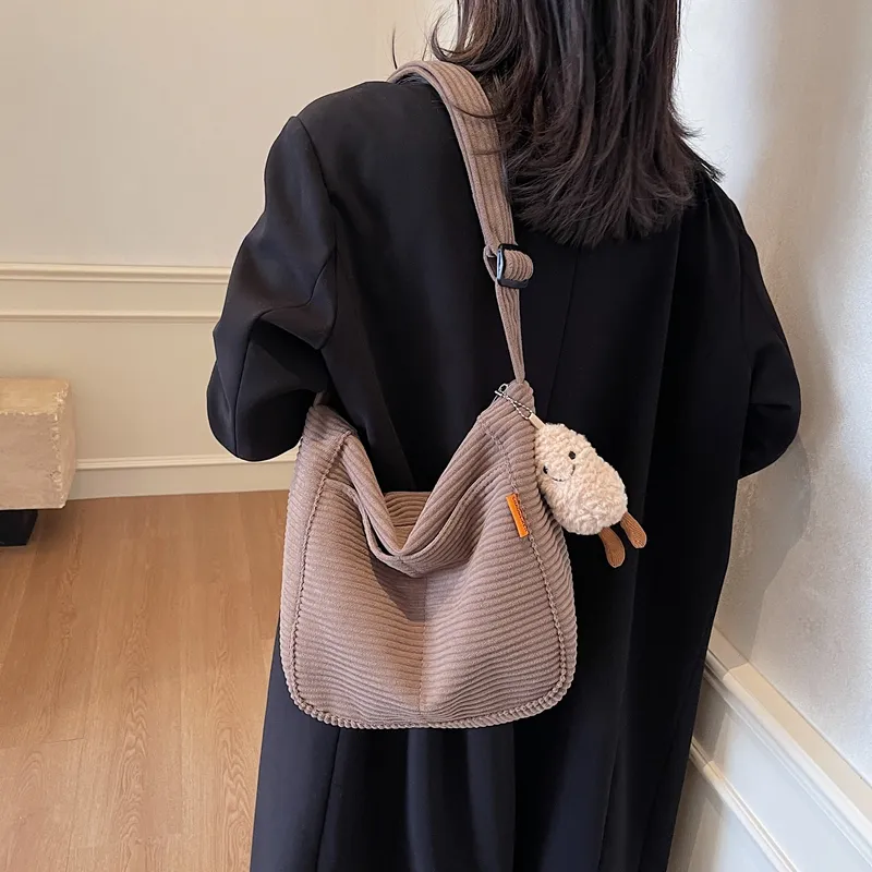 BUBM Corduroy Shoulder Bag Women's Black/White/Coffee-13