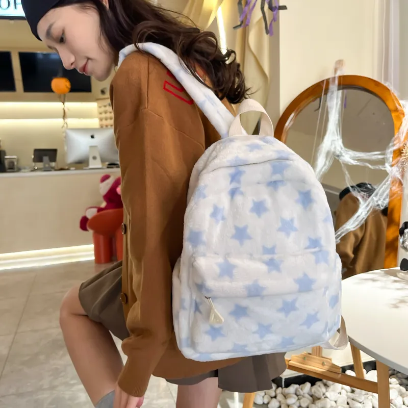 BUBM Plush Backpack Unisex Blue/Coffee/Gray-3