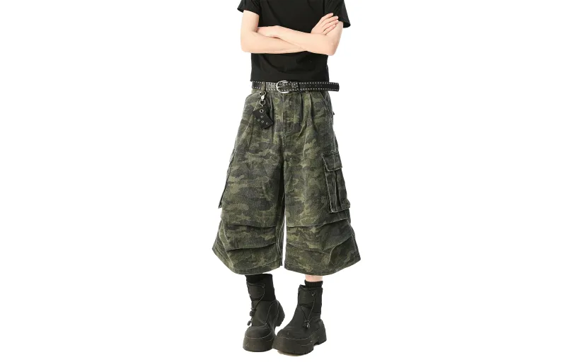 TESTUNG Denim Shorts Unisex Green Camouflage-2