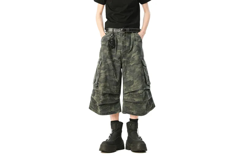 TESTUNG Denim Shorts Unisex Green Camouflage-3