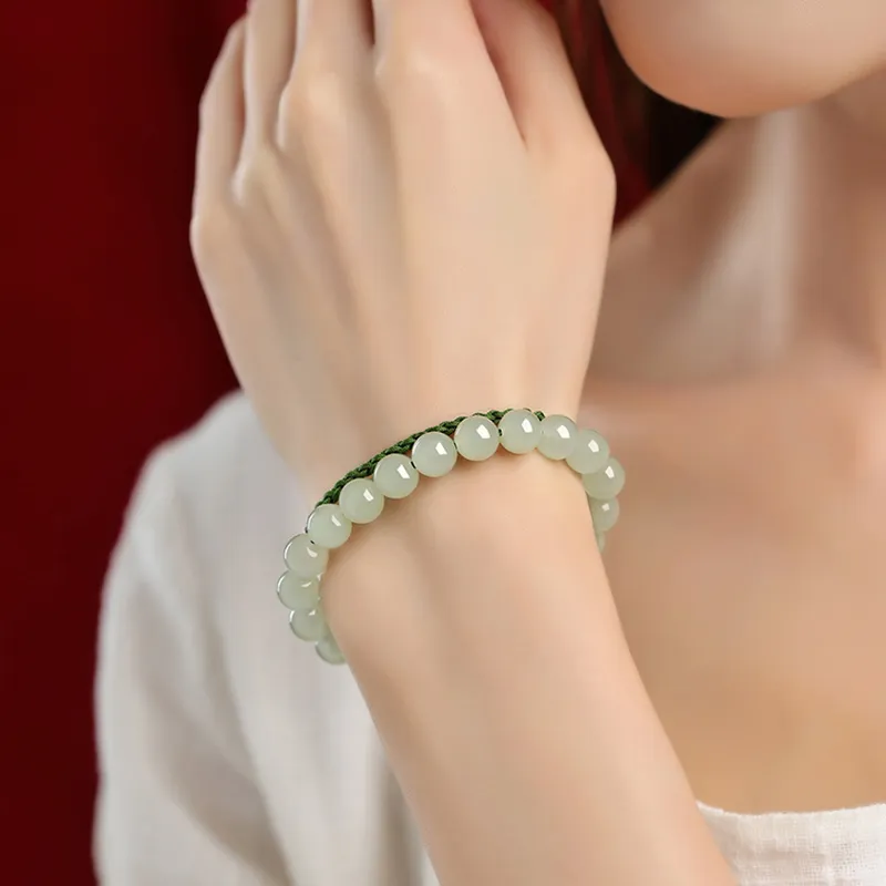 MUSHIFEN Hetian Jade Beaded Bracelet Pale Greenish White Jade Women's-4