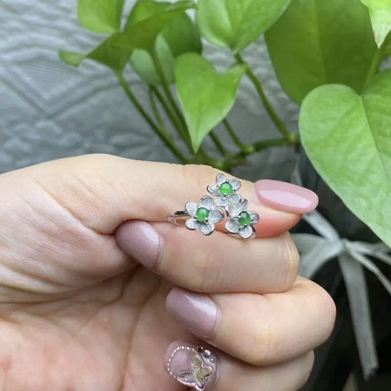 PUPAN Ice Glutinous Green Stone Open Ended Jadeite Classic Flower Ring Women's-2