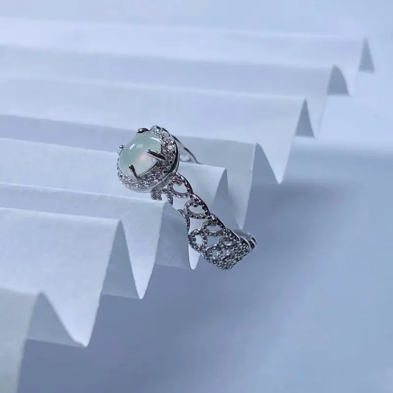 PUPAN Ice Glutinous White Ice Lace Chinese Fashion Trend Vintage Niche Design Jadeite Open Ring Women's-3