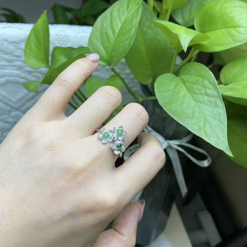 PUPAN Ice Glutinous Green Stone Open Ended Jadeite Classic Flower Ring Women's-1