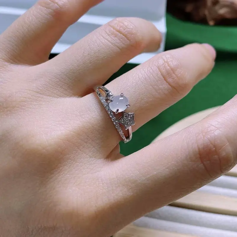 PUPAN Ice Glutinous Refined Special White Ice Stars Jadeite Open Goddess Ring Women's-3