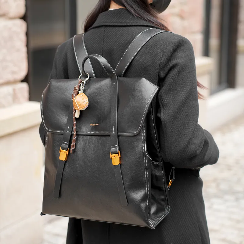 Mulinsen Polyurethane Patchwork With Cow Leather Backpack Large Size Unisex Light Coffee-9