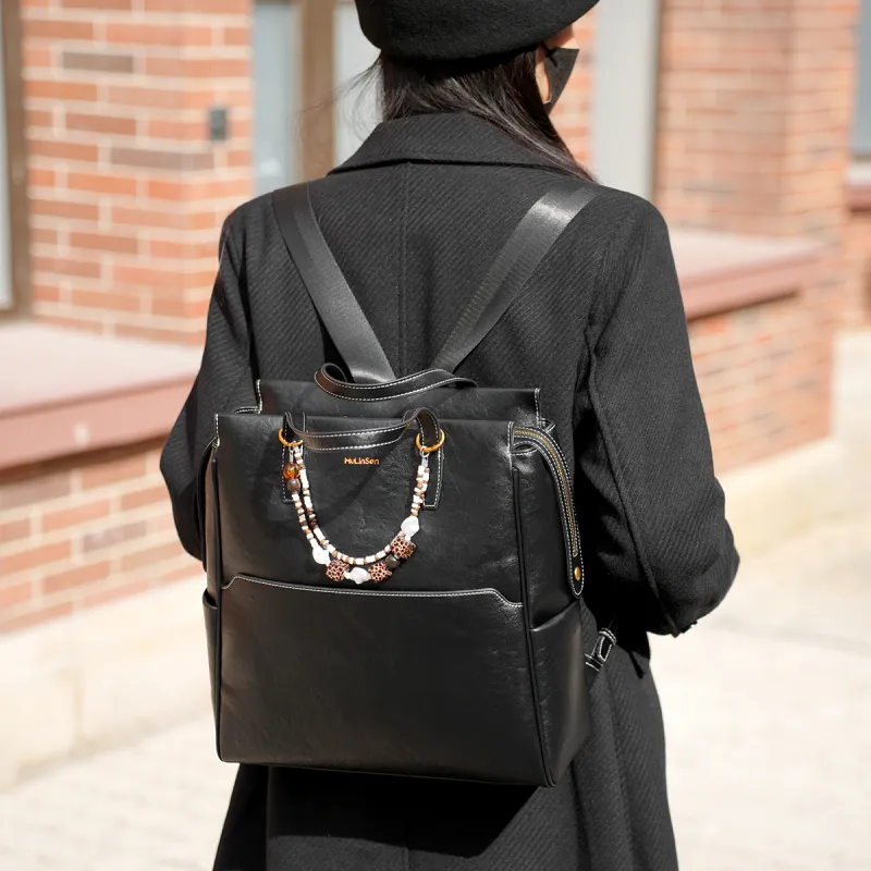 Mulinsen Synthetic Leather Backpack Unisex Black/Light Coffee-7