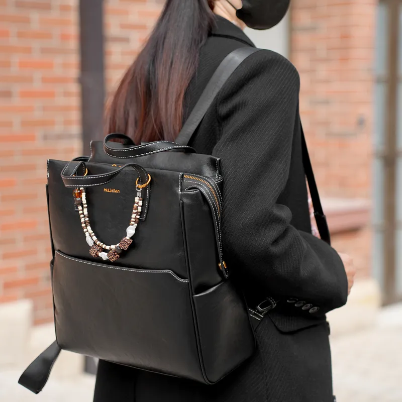 Mulinsen Synthetic Leather Backpack Unisex Black/Light Coffee-6