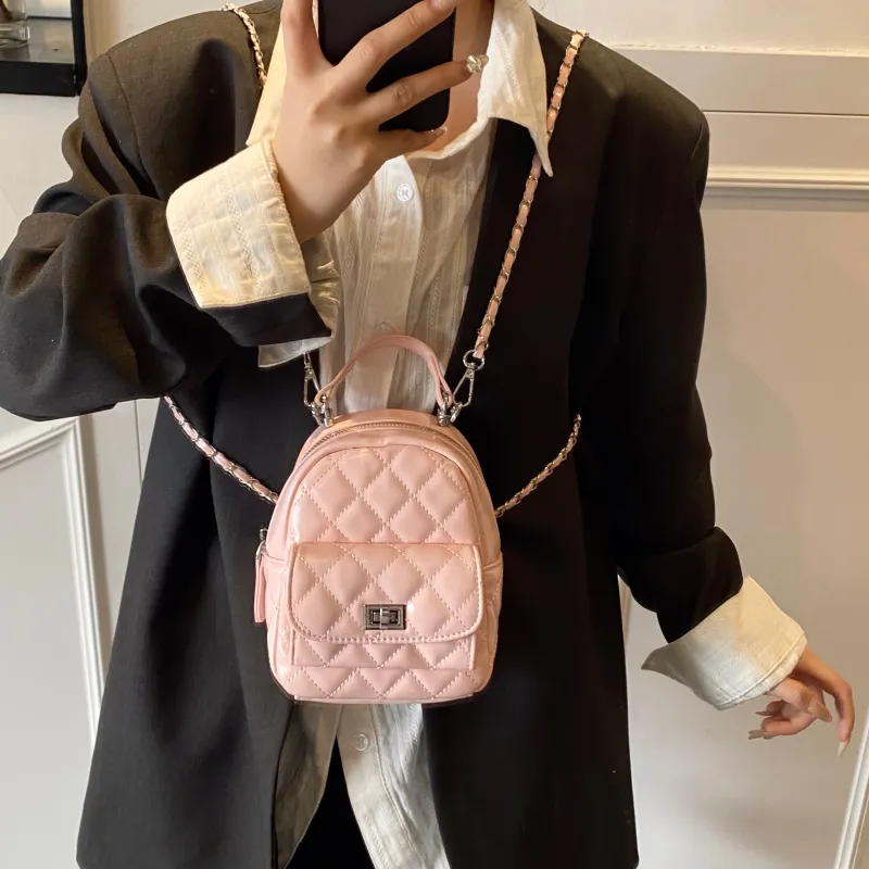 AIBAG PU Backpack Women's Pink/White/Silver/Red/Black-4