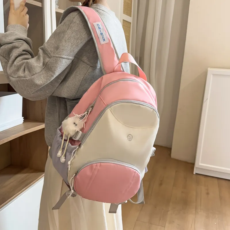 AIBAG Nylon Backpack Unisex Black/Pink/Light Blue-10