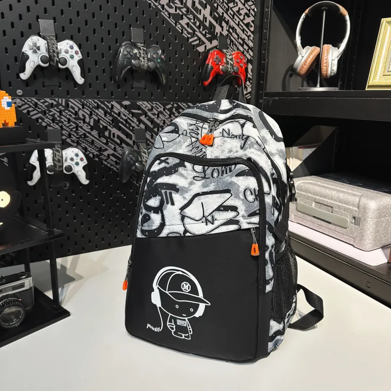 AIBAG Nylon Backpack Unisex Black/White/Blue-10