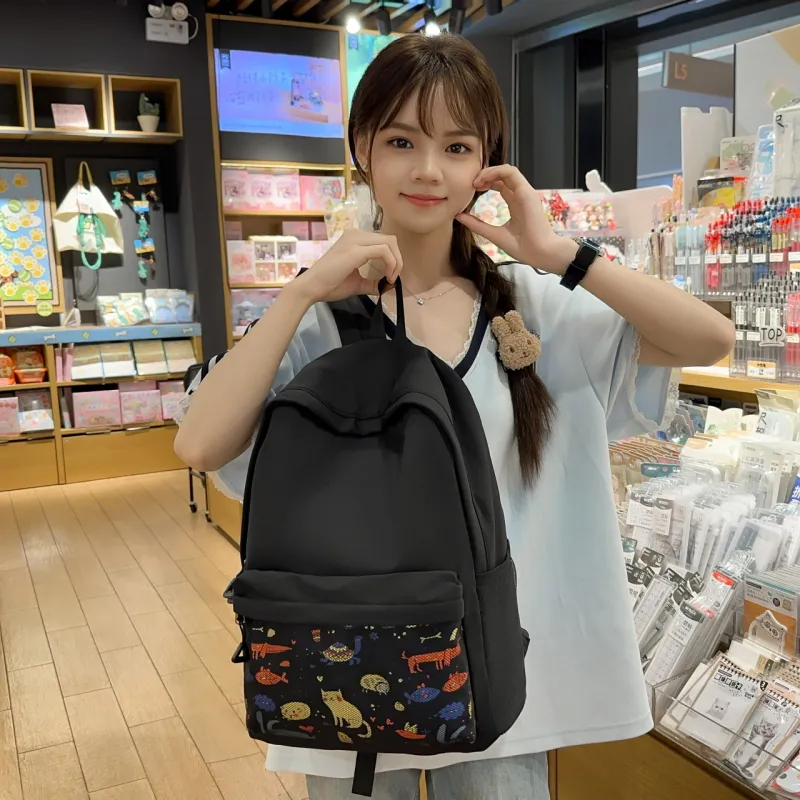 AIBAG Nylon Backpack Unisex Black/White/Gray-12