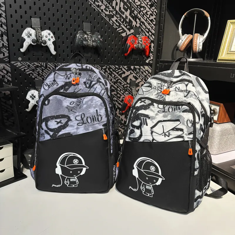 AIBAG Nylon Backpack Unisex Black/White/Blue-13