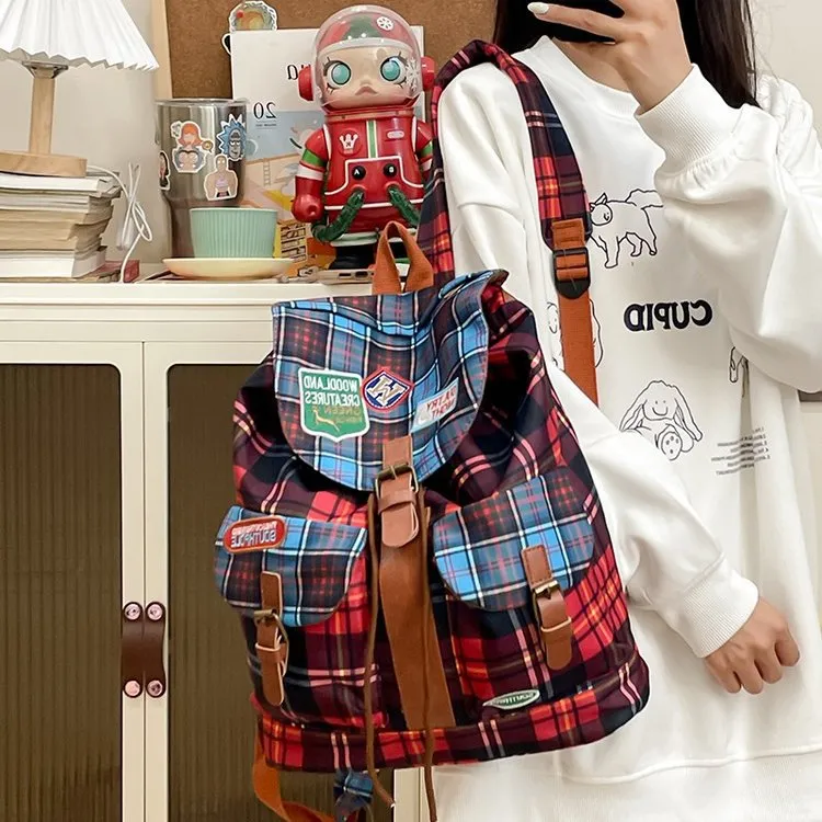 AIBAG Nylon Backpack Unisex Red Plaid/Red Blue Plaid/Green Plaid-4