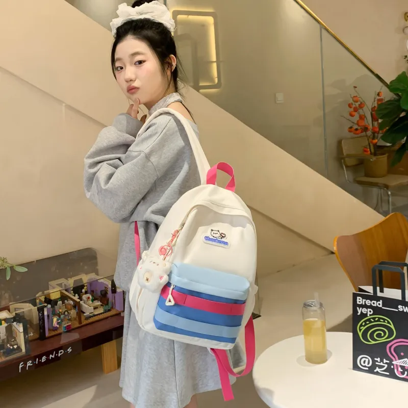 AIBAG Composite Cloth Backpack Unisex Ecru/Pink/Light Green-4