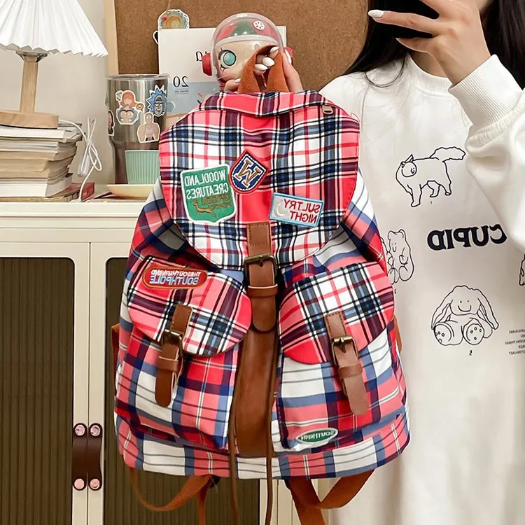 AIBAG Nylon Backpack Unisex Red Plaid/Red Blue Plaid/Green Plaid-2