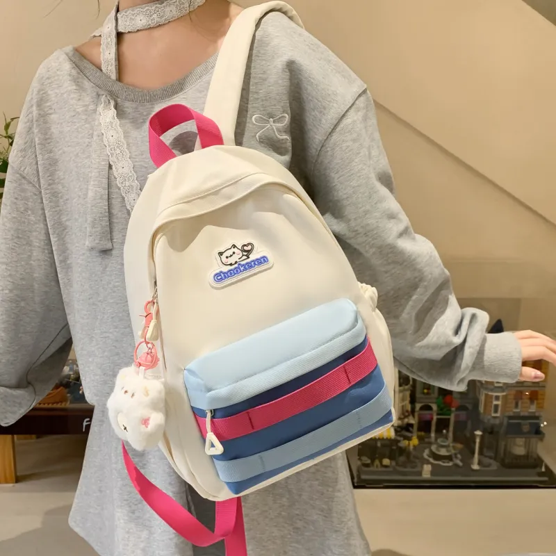 AIBAG Composite Cloth Backpack Unisex Ecru/Pink/Light Green-6