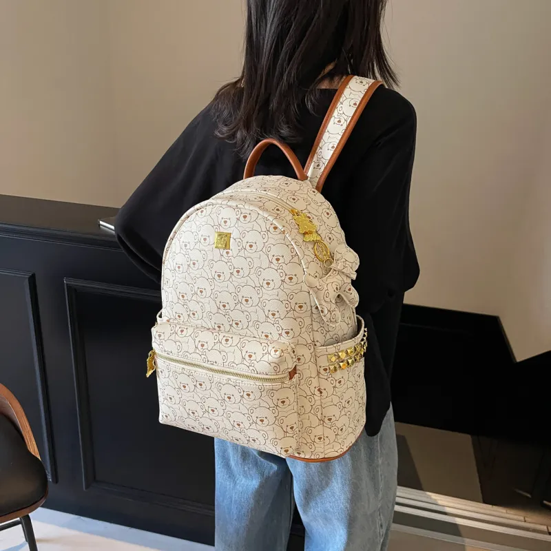 AIBAG PU Backpack Women's Ecru/Pink/Brown-5