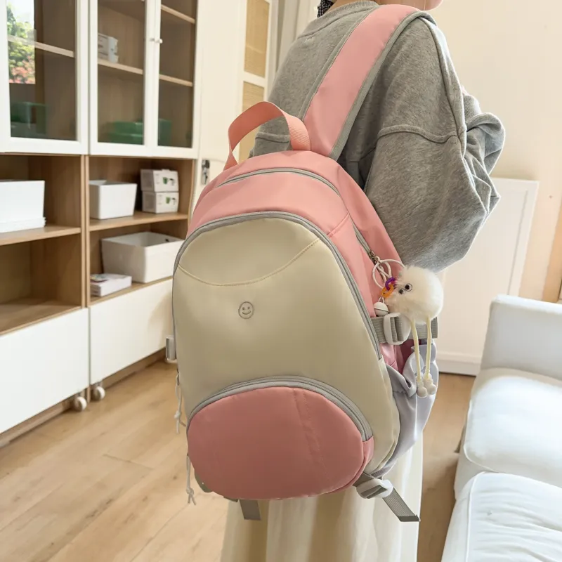 AIBAG Nylon Backpack Unisex Black/Pink/Light Blue-12