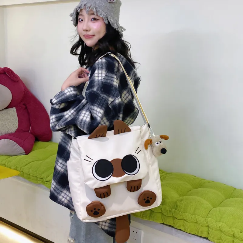 AIBAG Nylon Shoulder Bag Unisex White/Black/Khaki-2