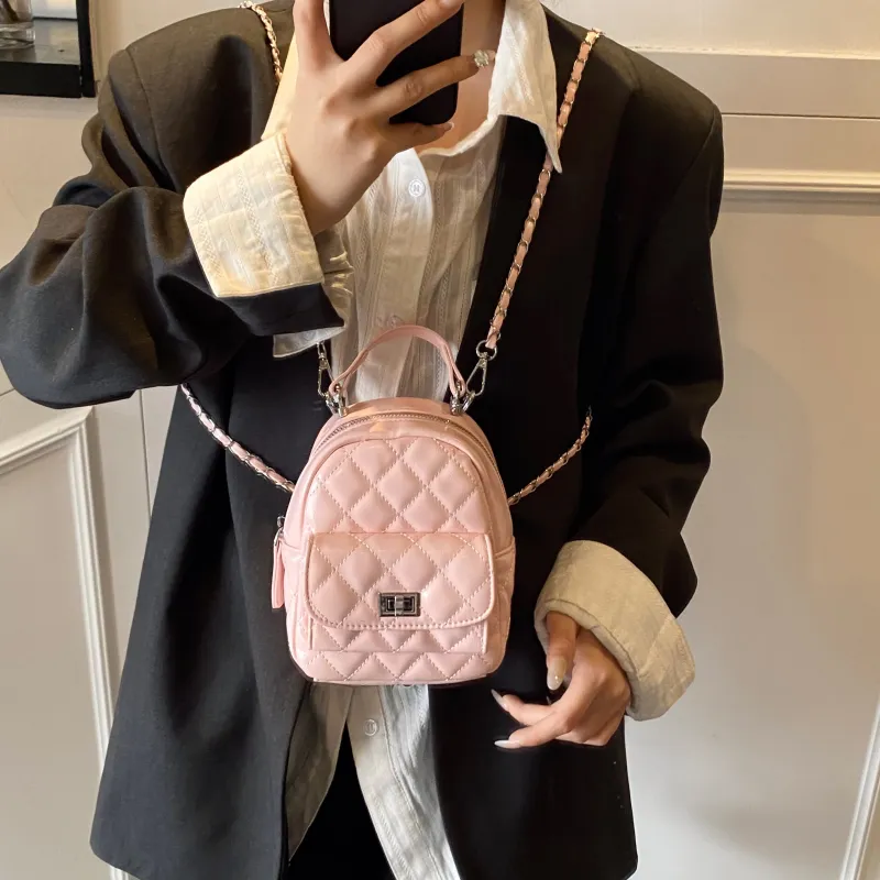 AIBAG PU Backpack Women's Pink/White/Silver/Red/Black-5