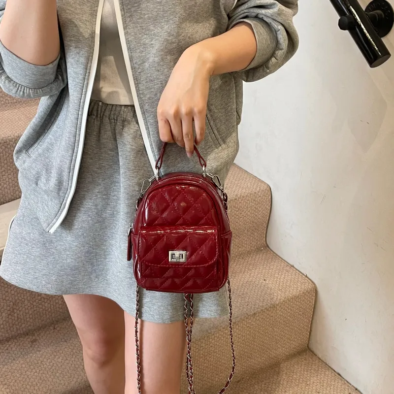 AIBAG PU Backpack Women's Pink/White/Silver/Red/Black-26