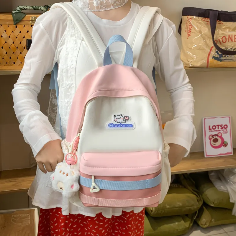 AIBAG Composite Cloth Backpack Unisex Ecru/Pink/Light Green-13