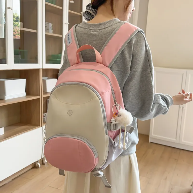 AIBAG Nylon Backpack Unisex Black/Pink/Light Blue-11