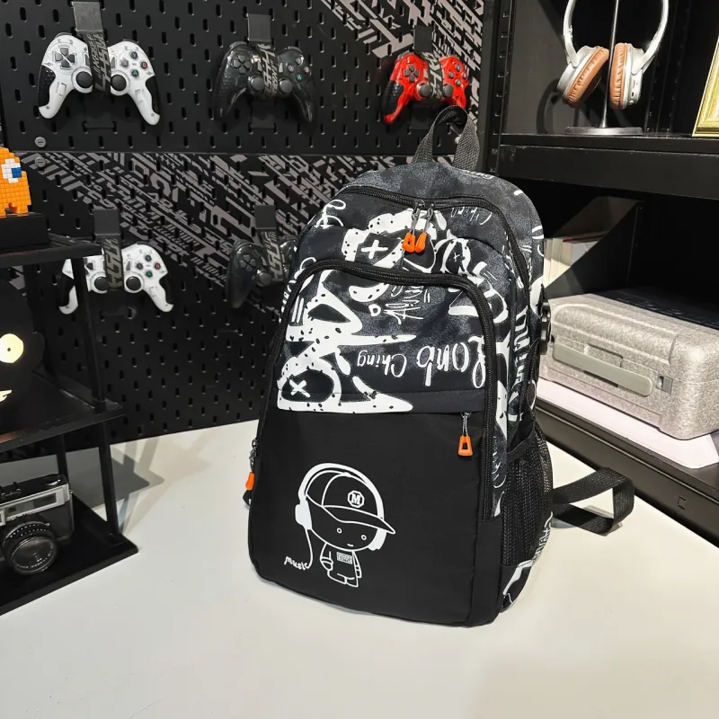 AIBAG Nylon Backpack Unisex Black/White/Blue-5